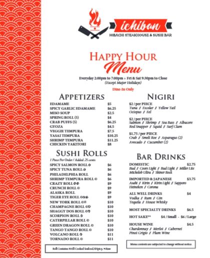 Ichiban Hibachi & Sushi Happy Hour Menu