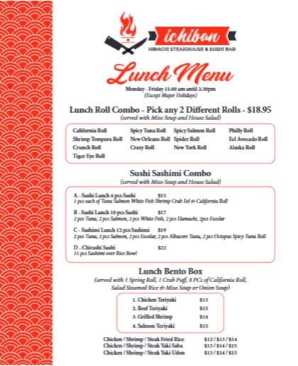 Ichiban Sushi Lunch Menu
